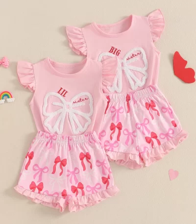 MISOWMNJOY Summer Family Matching Baby Sister Outfit Princess Bow Fly Sleeve Tops Ruffle Shorts 2 Piece Toddler Clothes Set