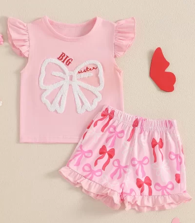 MISOWMNJOY Summer Family Matching Baby Sister Outfit Princess Bow Fly Sleeve Tops Ruffle Shorts 2 Piece Toddler Clothes Set