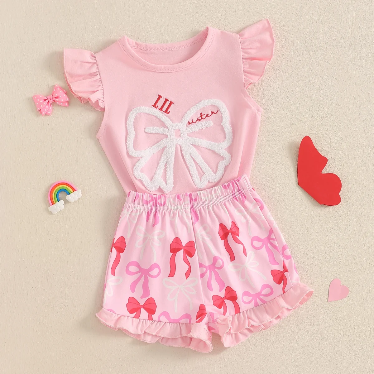 MISOWMNJOY Summer Family Matching Baby Sister Outfit Princess Bow Fly Sleeve Tops Ruffle Shorts 2 Piece Toddler Clothes Set