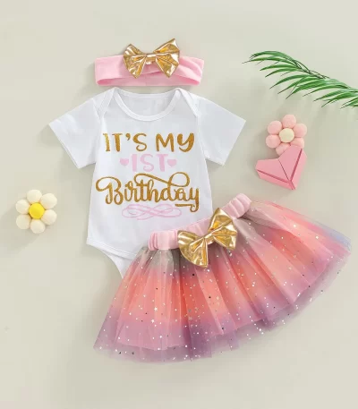 3Pcs Baby Birthday Bodysuits Cotton Short Sleeved Newborn Girls Romper Pettiskirt 12M Toddler Baby Birthday Gifts Party Clothes