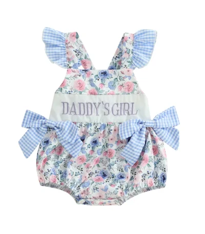 Baby Girls Romper, Fly Sleeve Flower Print Embroidery Letters Bow Infant Bodysuit Summer Clothes for Casual Daily