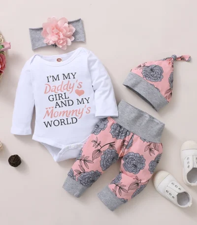 0-18 Months Newborn Baby Girl Clothing Long Sleeve Romper Rose Pant with Hat & Headband Spring 4PCS Outfit Toddler Girl Clothes