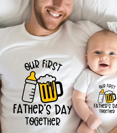 Infant’s Our First Father’s Day Together Outfit Letter Print Family Matching Set Casual Short Sleeve Matching Outfit Clothing