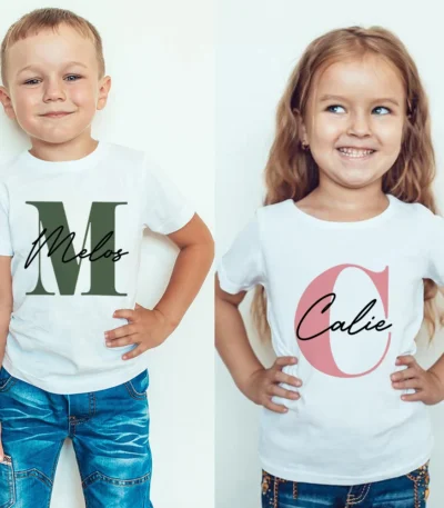 Kids Personalised Name Initial T-shirt Kids Top Children’s Custom T-shirts Boy’s Girl’s Customised Tee Birthday Gift