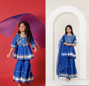 Mom & Me Royal Blue Sharara Set with Pom Pom Detailing
