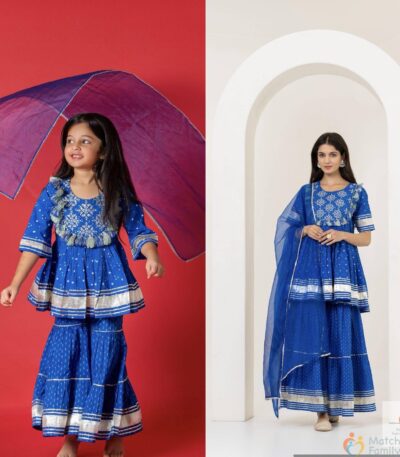 Mom & Me Royal Blue Sharara Set with Pom Pom Detailing