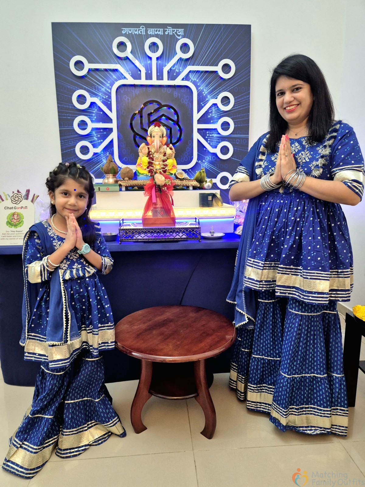 Mom & Me Royal Blue Sharara Set with Pom Pom Detailing - Image 3