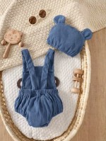 Monkey Patch Baby Dungaree with Matching Cap – Corduroy Baby Outfit - Image 2
